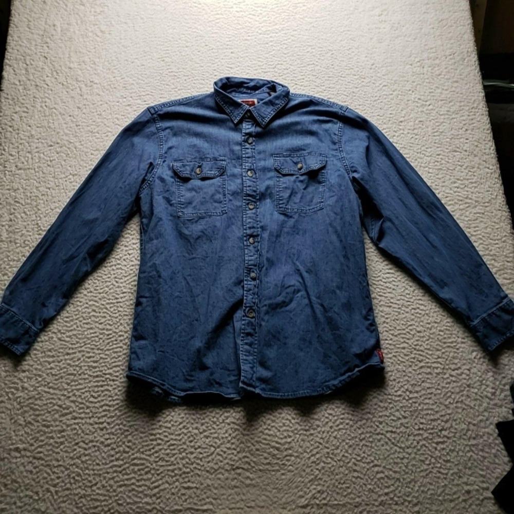 Wrangler Shirt Mens Large Blue Denim Long Sleeve Button-Up Casual Pockets